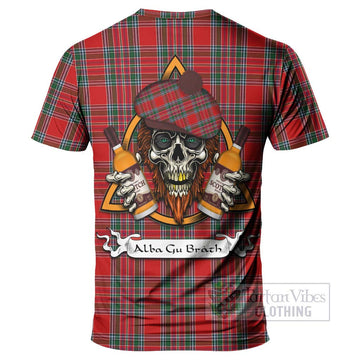 MacBean (MacBain) Tartan T-Shirt with Family Crest and Bearded Skull Holding Bottles of Whiskey - Tartan Vibes Clothing