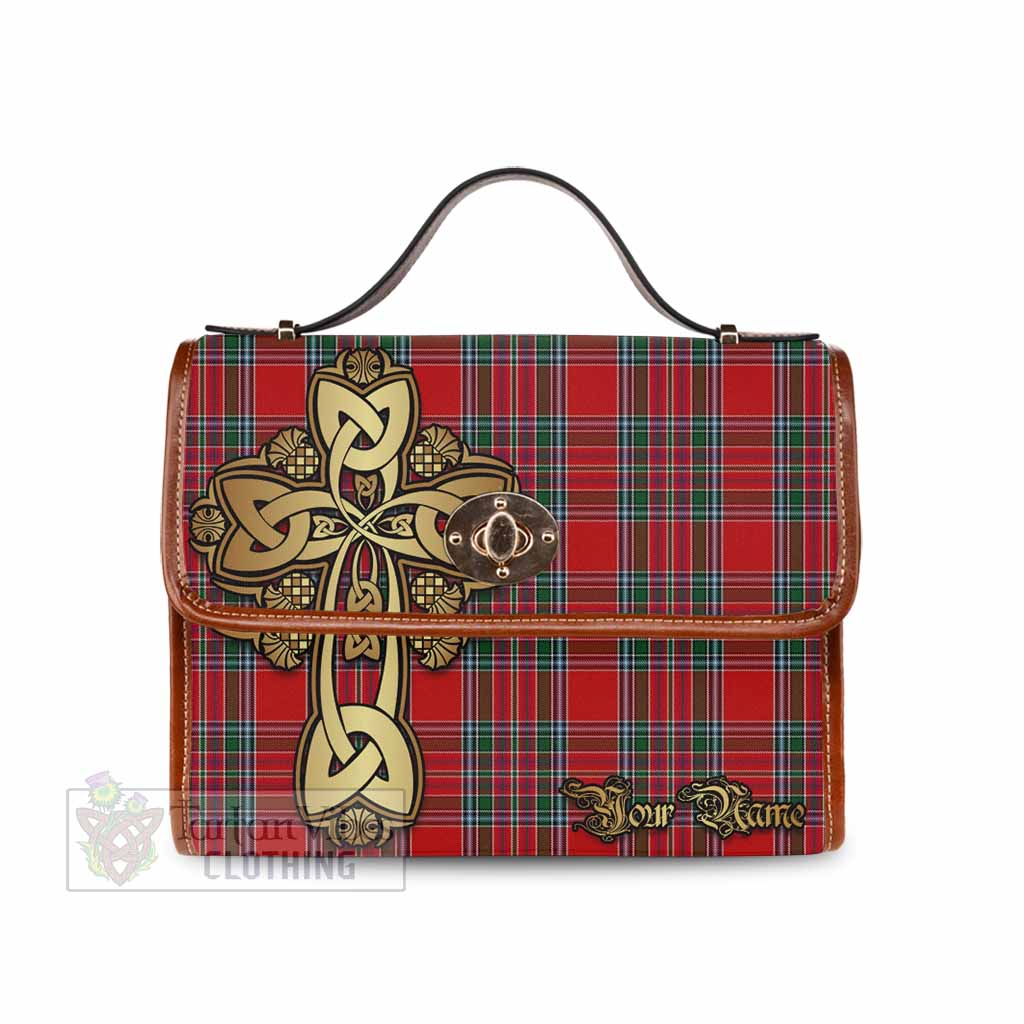 MacBean (MacBain) Tartan Waterproof Canvas Bag Golden Thistle Celtic Cross Style Brown Leather Strap One Size 10.5*20*27cm - Tartan Vibes Clothing