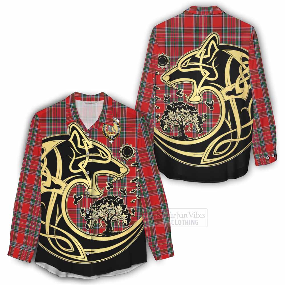 Tartan Vibes Clothing MacBean (MacBain) Tartan Women's Casual Shirt with Family Crest Celtic Wolf Style