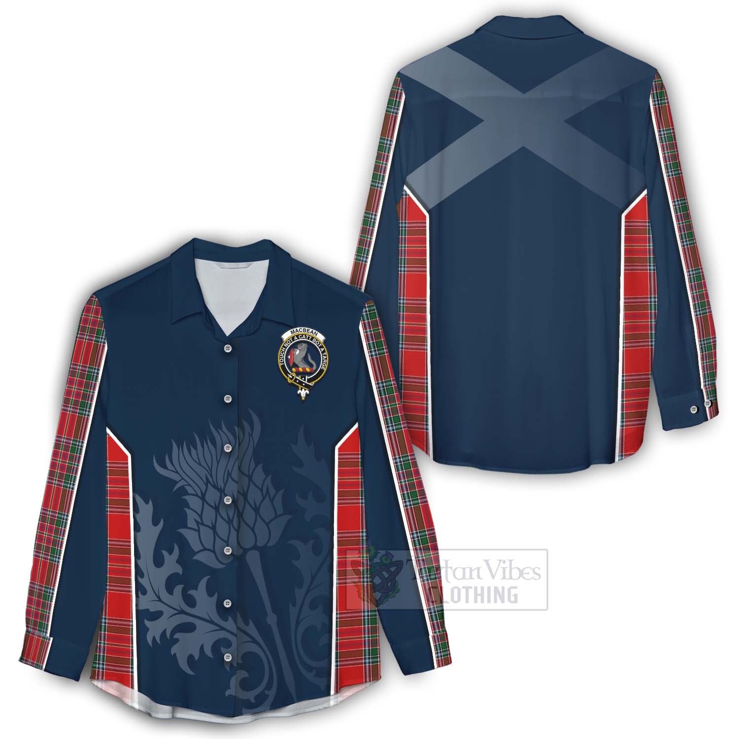 Tartan Vibes Clothing MacBean (MacBain) Tartan Women's Casual Shirt with Family Crest and Scottish Thistle Vibes Sport Style