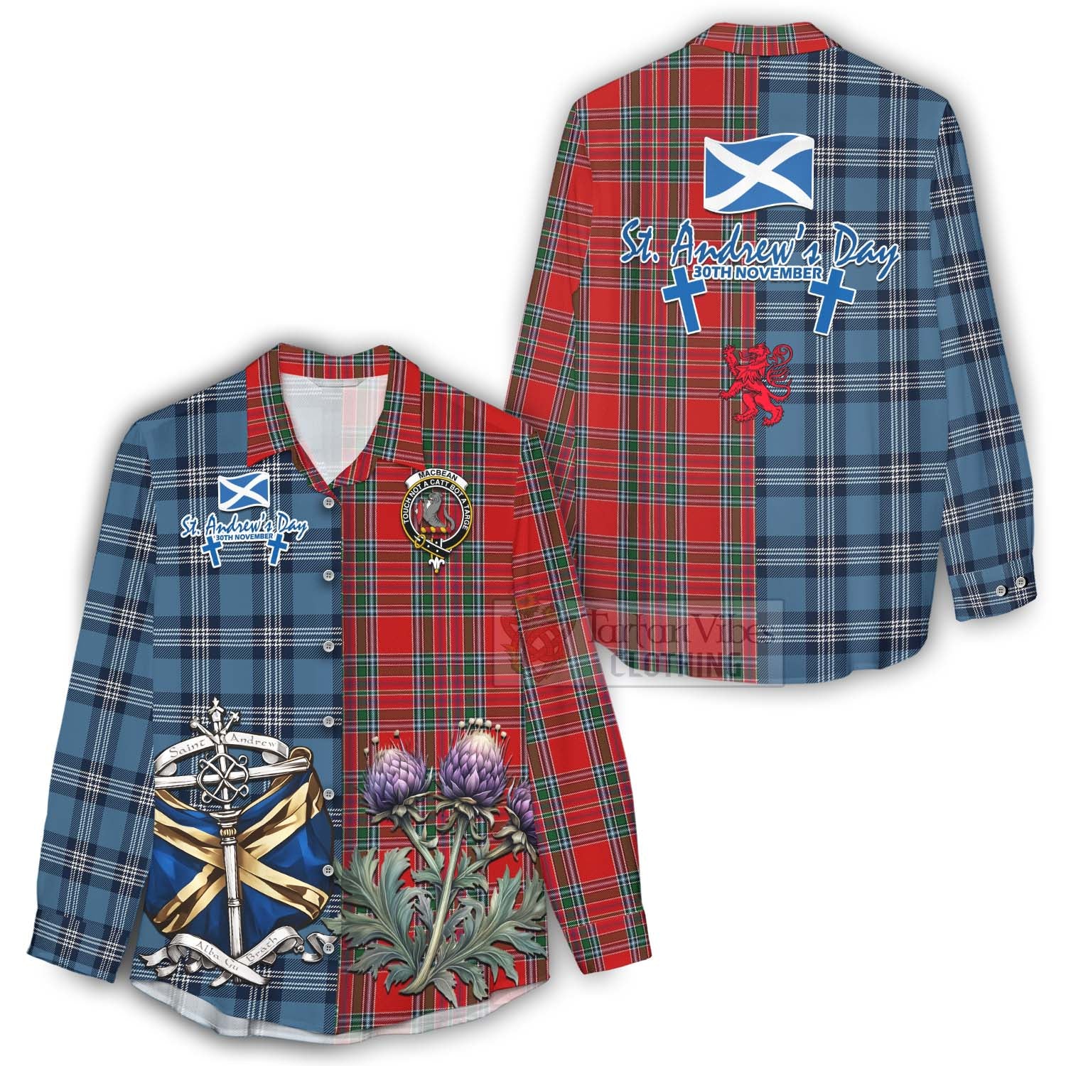 Tartan Vibes Clothing MacBean (MacBain) Tartan Women's Casual Shirt Happy St. Andrew's Day Half Tartan Style