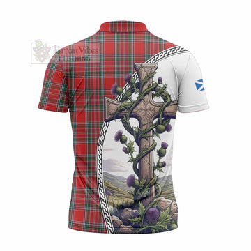 MacBean (MacBain) Tartan Zipper Polo Shirt with Family Crest and St. Andrew's Cross Accented by Thistle Vines - Tartan Vibes Clothing