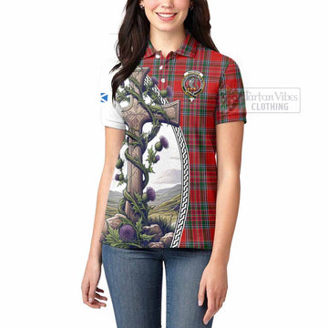 MacBean (MacBain) Tartan Women's Polo Shirt with Family Crest and St. Andrew's Cross Accented by Thistle Vines - Tartan Vibes Clothing