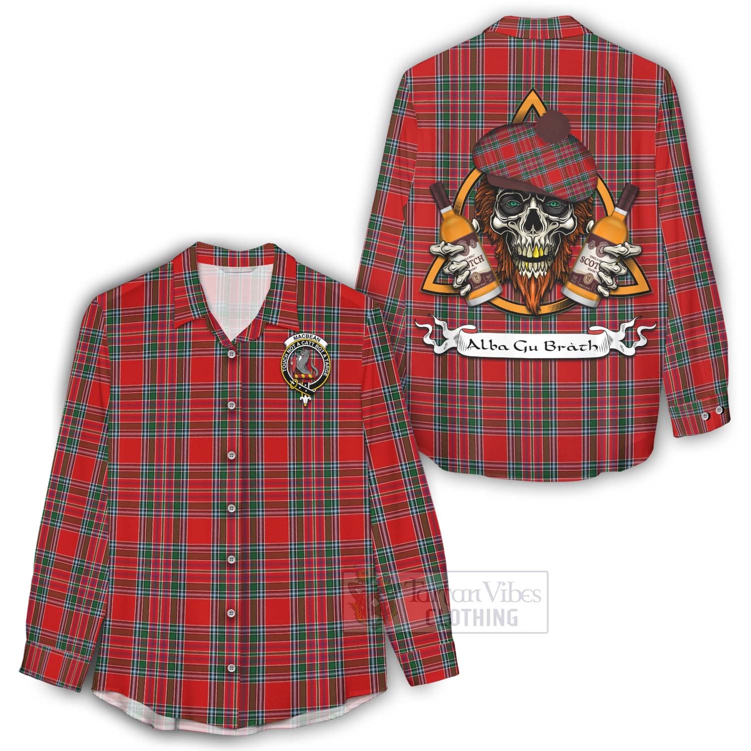 Tartan Vibes Clothing MacBean (MacBain) Tartan Women's Casual Shirt with Family Crest and Bearded Skull Holding Bottles of Whiskey