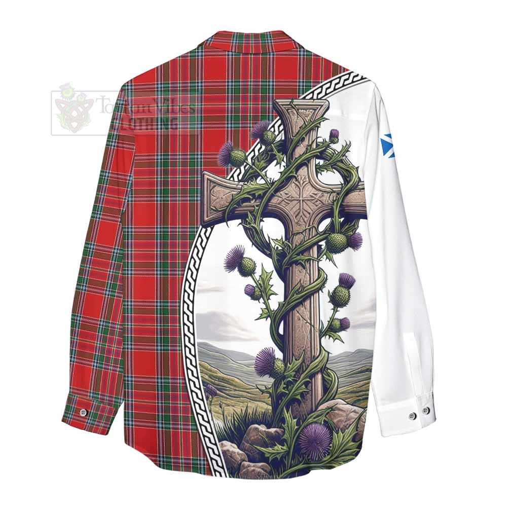 Tartan Vibes Clothing MacBean (MacBain) Tartan Women's Casual Shirt with Family Crest and St. Andrew's Cross Accented by Thistle Vines