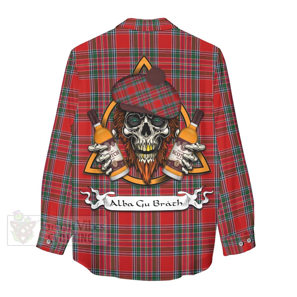 Tartan Vibes Clothing MacBean (MacBain) Tartan Women's Casual Shirt with Family Crest and Bearded Skull Holding Bottles of Whiskey