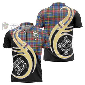 MacBeth (McBeth) Tartan Zipper Polo Shirt with Family Crest and Celtic Symbol Style