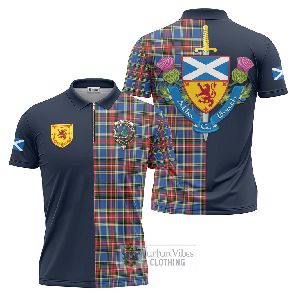 Tartan Vibes Clothing MacBeth Tartan Zipper Polo Shirt with Scottish Lion Royal Arm Half Style