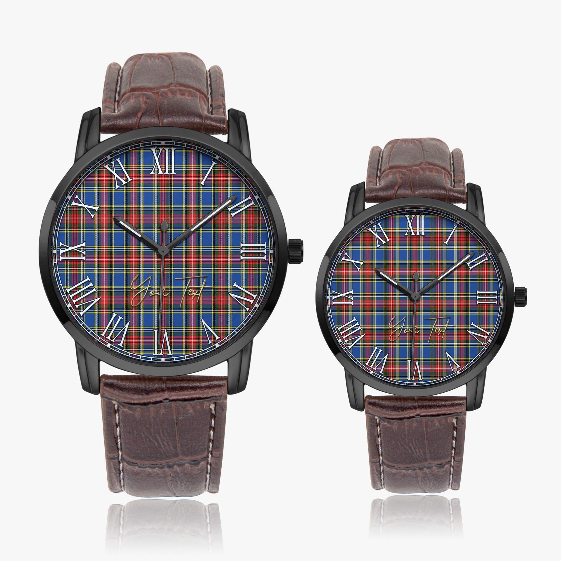 MacBeth Tartan Personalized Your Text Leather Trap Quartz Watch Wide Type Black Case With Brown Leather Strap - Tartanvibesclothing