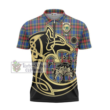 MacBeth (McBeth) Tartan Zipper Polo Shirt with Family Crest Celtic Wolf Style