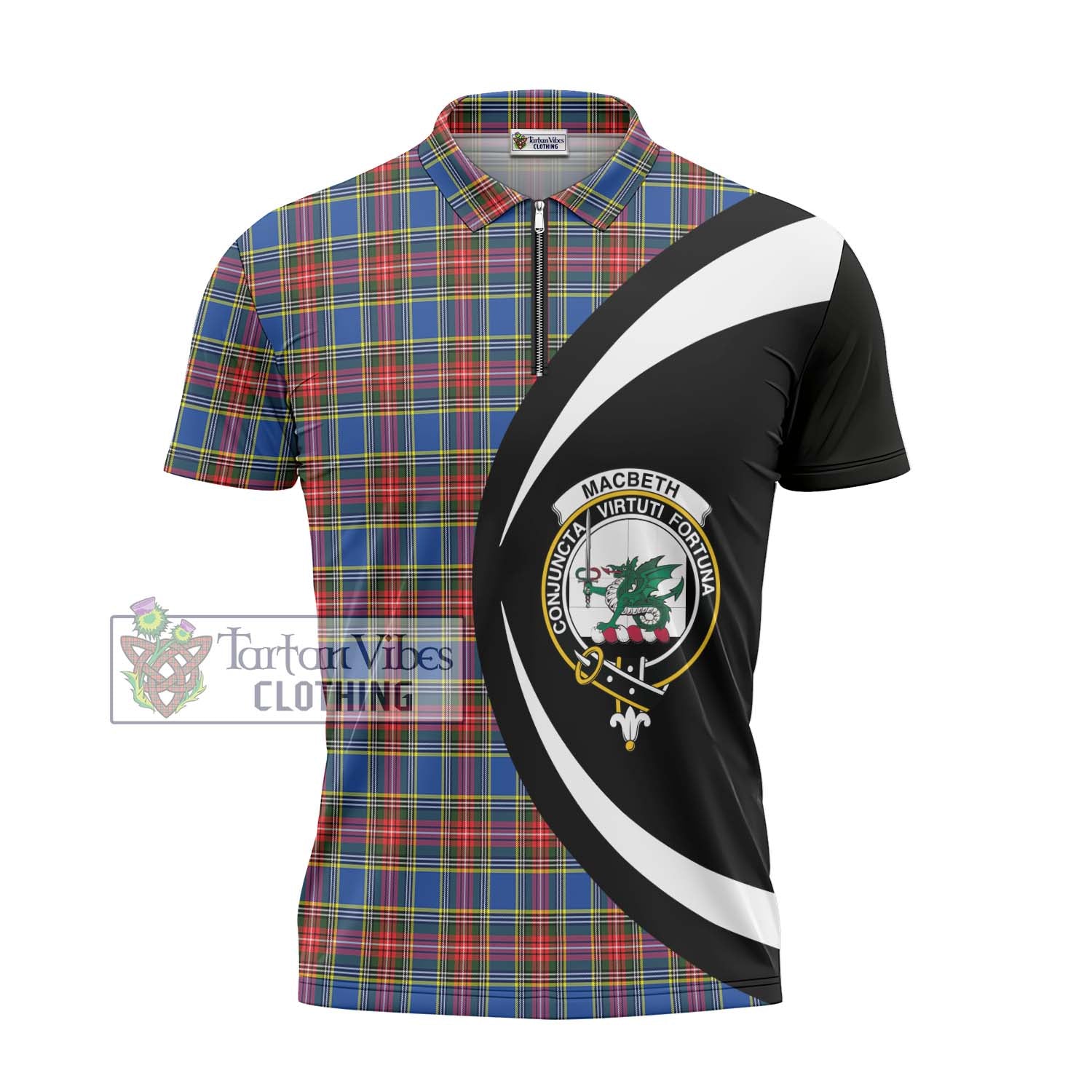 Tartan Vibes Clothing MacBeth Tartan Zipper Polo Shirt with Family Crest Circle Style