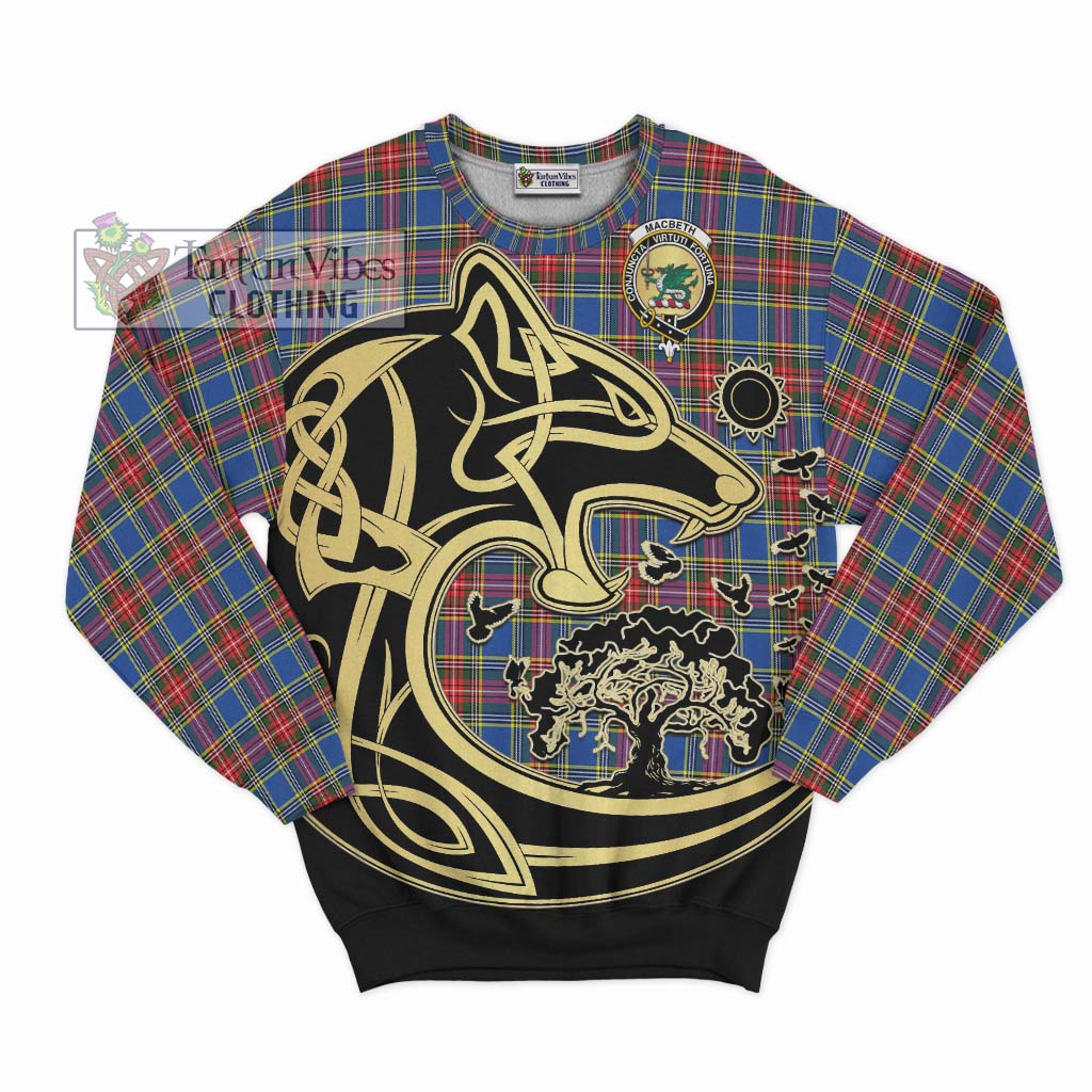 Tartan Vibes Clothing MacBeth Tartan Sweatshirt with Family Crest Celtic Wolf Style