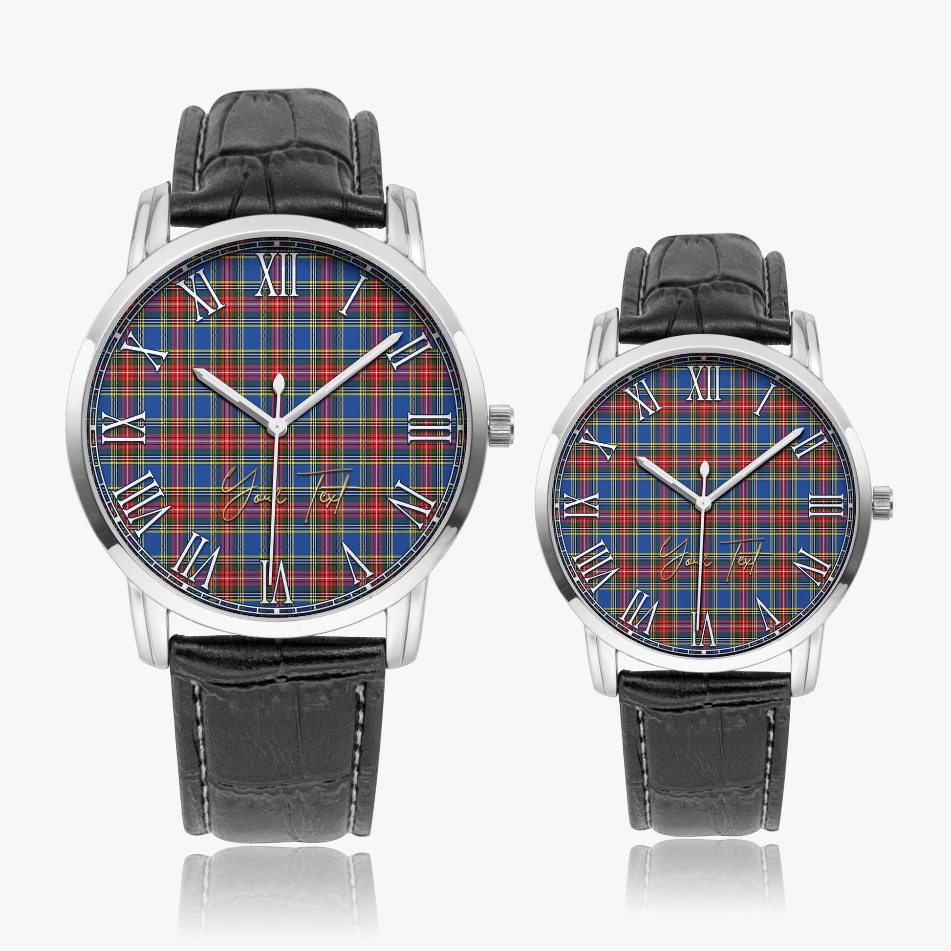 MacBeth Tartan Personalized Your Text Leather Trap Quartz Watch Wide Type Silver Case With Black Leather Strap - Tartanvibesclothing