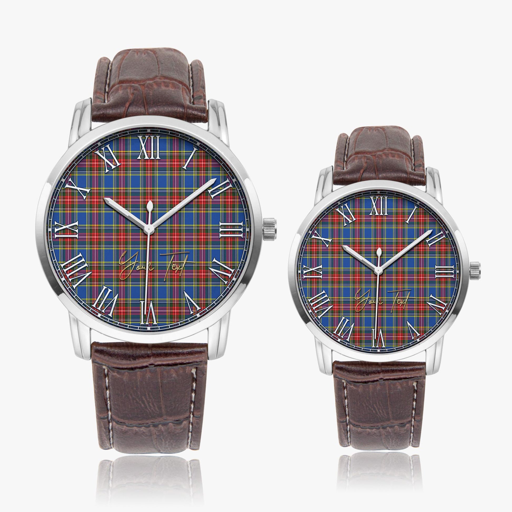 MacBeth Tartan Personalized Your Text Leather Trap Quartz Watch Wide Type Silver Case With Brown Leather Strap - Tartanvibesclothing