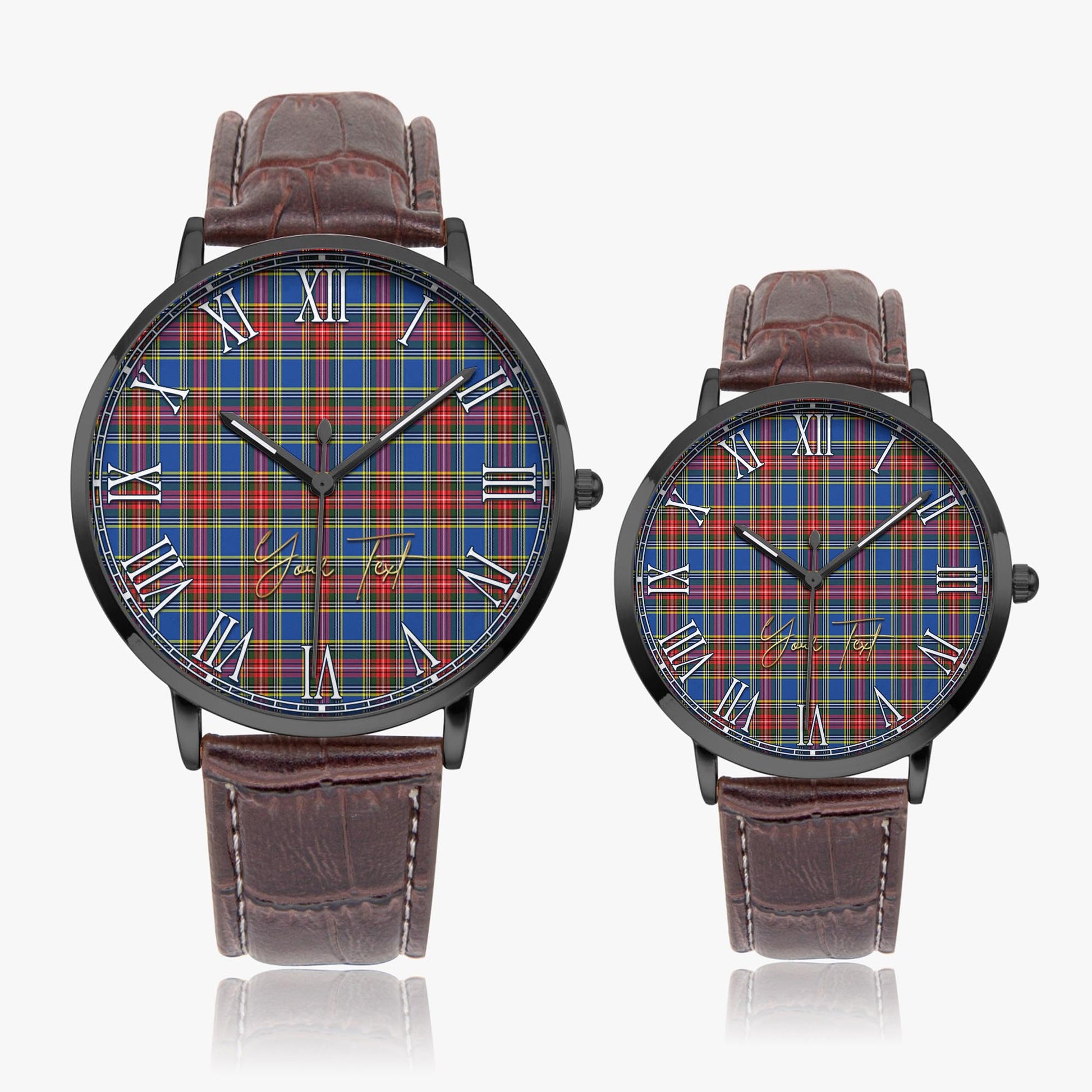 MacBeth Tartan Personalized Your Text Leather Trap Quartz Watch Ultra Thin Black Case With Brown Leather Strap - Tartanvibesclothing