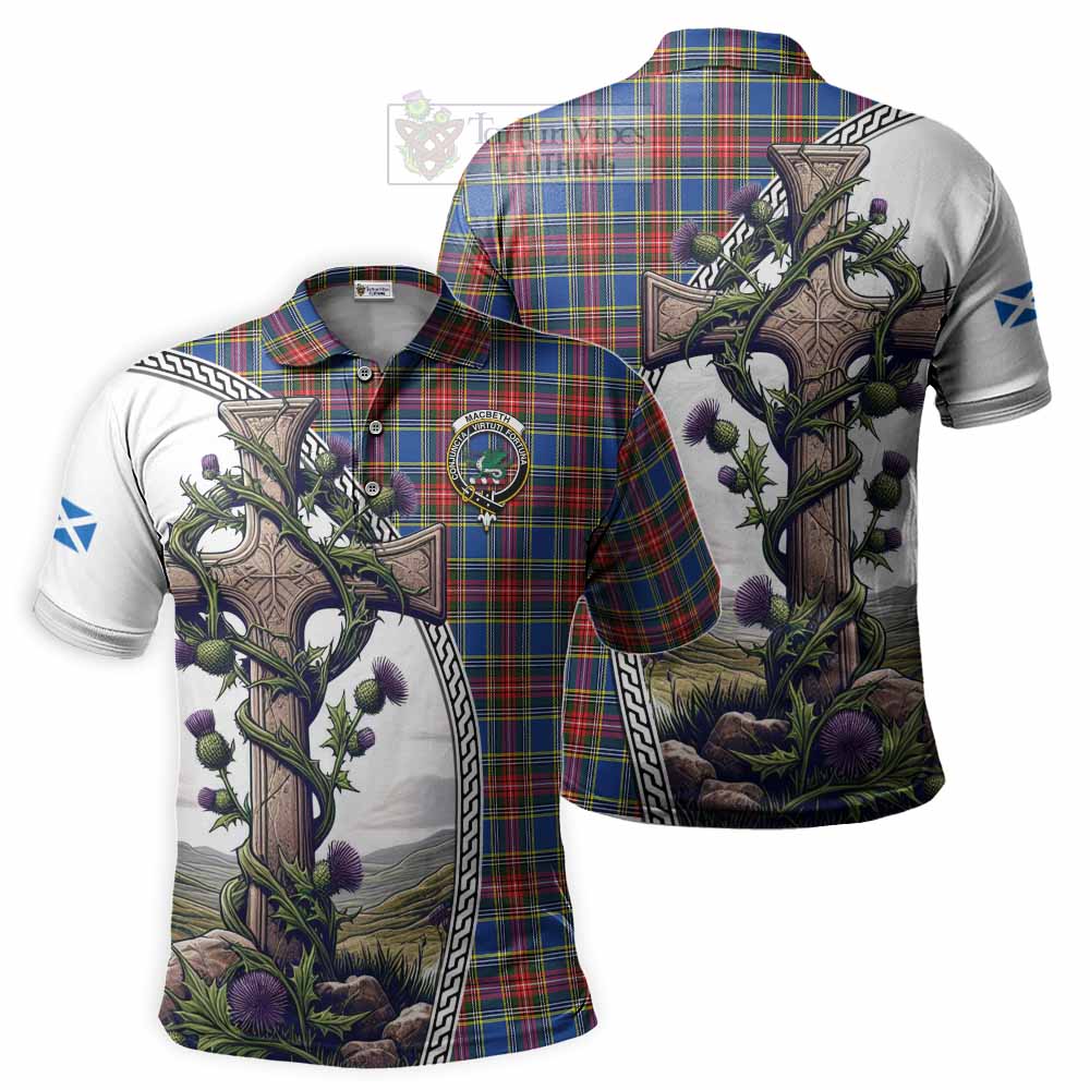 Tartan Vibes Clothing MacBeth (McBeth) Tartan Polo Shirt with Family Crest and St. Andrew's Cross Accented by Thistle Vines