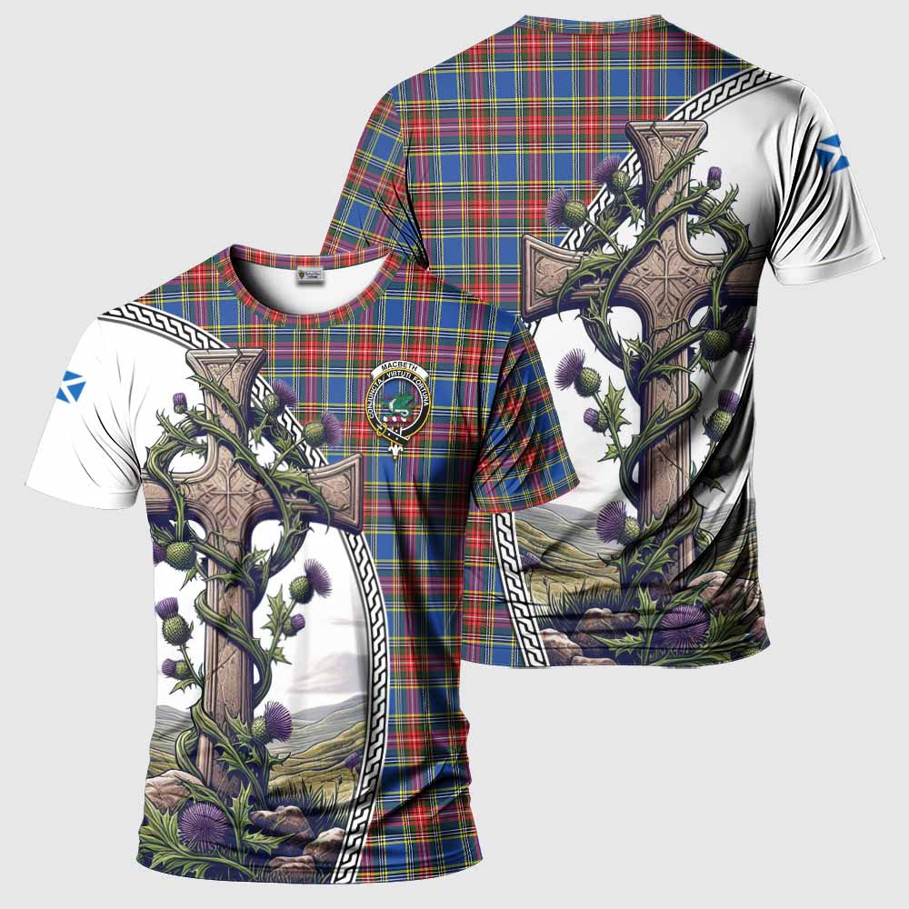 Tartan Vibes Clothing MacBeth (McBeth) Agnew Tartan T-Shirt with Family Crest and St. Andrew's Cross Accented by Thistle Vines