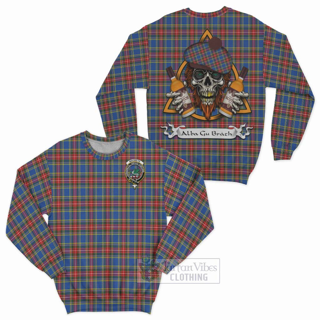 Tartan Vibes Clothing MacBeth (McBeth) Tartan Sweatshirt with Family Crest and Bearded Skull Holding Bottles of Whiskey