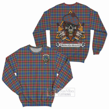 MacBeth (McBeth) Tartan Sweatshirt with Family Crest and Bearded Skull Holding Bottles of Whiskey