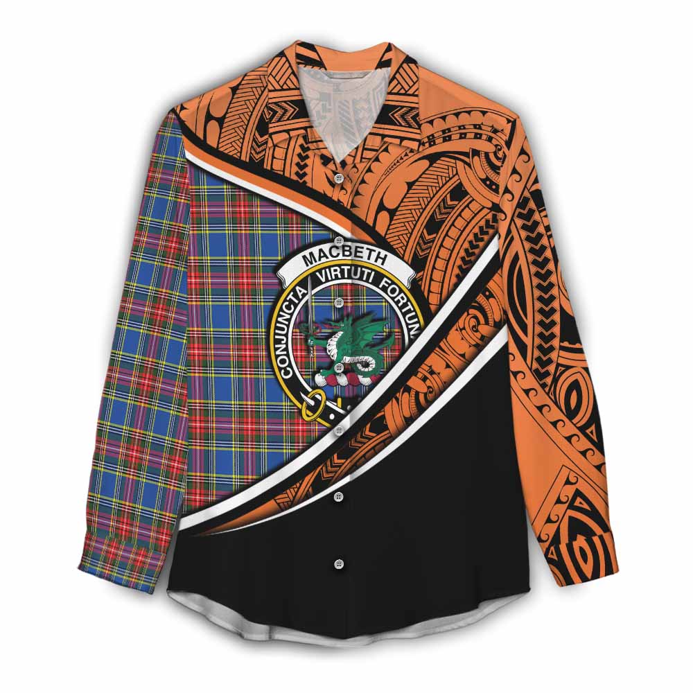 Tartan Vibes Clothing MacBeth (McBeth) Crest Tartan Women's Casual Shirt with Maori Tattoo Style - Orange Version