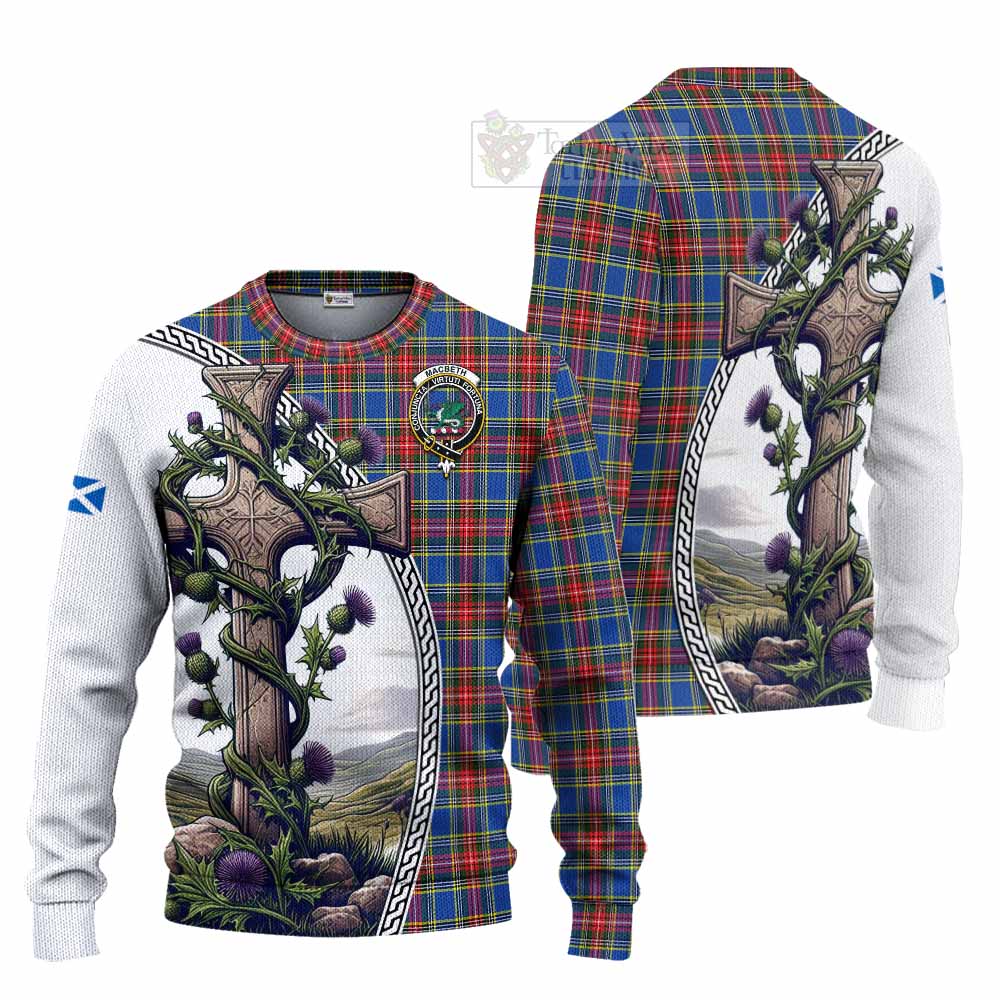 Tartan Vibes Clothing MacBeth (McBeth) Tartan Knitted Sweater with Family Crest and St. Andrew's Cross Accented by Thistle Vines