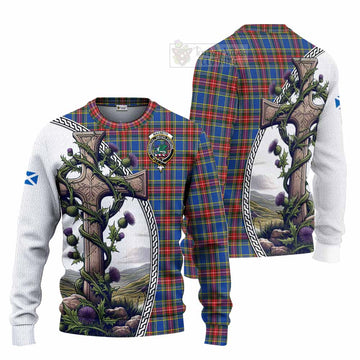 MacBeth (McBeth) Tartan Knitted Sweater with Family Crest and St. Andrew's Cross Accented by Thistle Vines