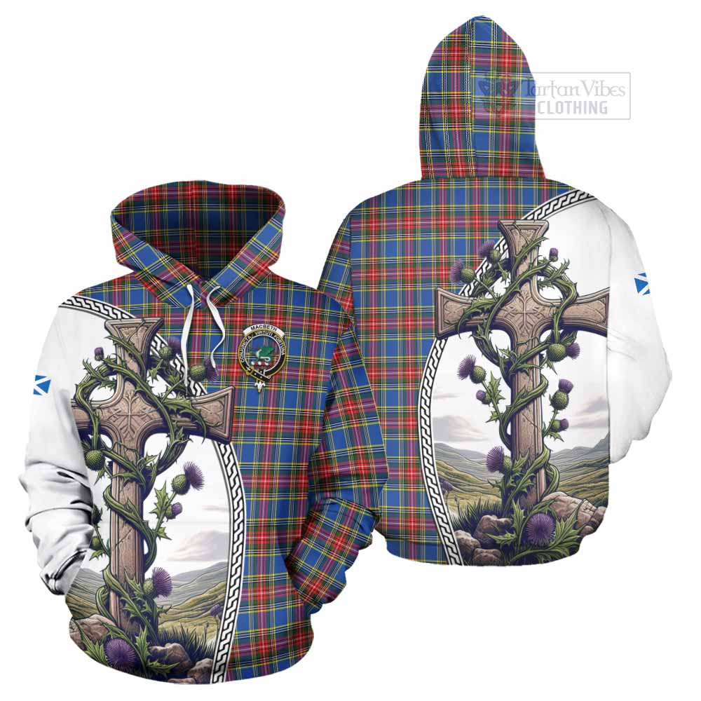 Tartan Vibes Clothing MacBeth (McBeth) Tartan Hoodie with Family Crest and St. Andrew's Cross Accented by Thistle Vines