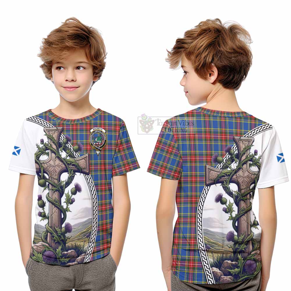 Tartan Vibes Clothing MacBeth (McBeth) Tartan Kid T-Shirt with Family Crest and St. Andrew's Cross Accented by Thistle Vines