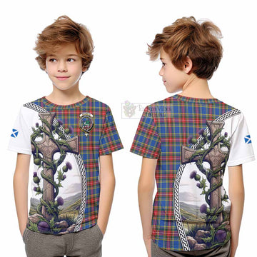 MacBeth (McBeth) Tartan Kid T-Shirt with Family Crest and St. Andrew's Cross Accented by Thistle Vines