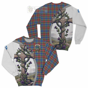 MacBeth (McBeth) Tartan Sweatshirt with Family Crest and St. Andrew's Cross Accented by Thistle Vines