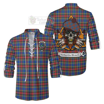 MacBeth (McBeth) Tartan Ghillie Kilt Shirt with Family Crest and Bearded Skull Holding Bottles of Whiskey Men - Tartan Vibes Clothing