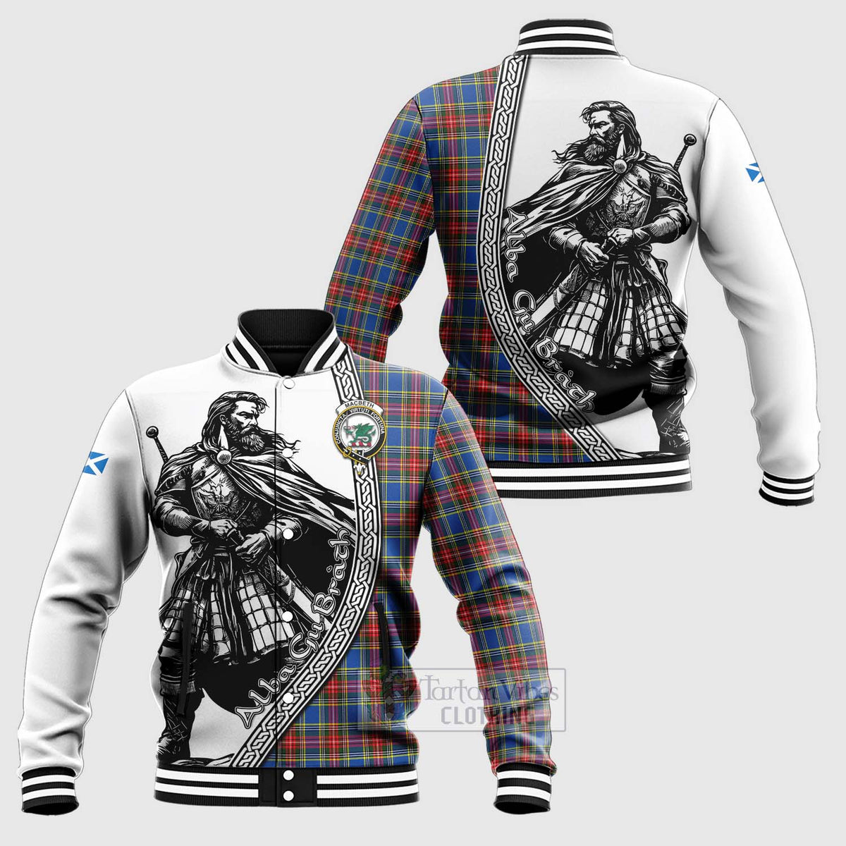 MacBeth (McBeth) Tartan Clan Crest Baseball Jacket with Highlander Warrior Celtic Style Unisex - Tartan Vibes Clothing