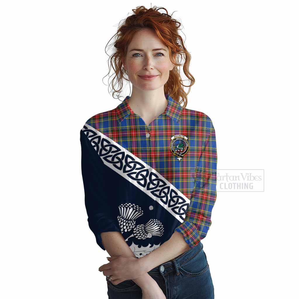 Tartan Vibes Clothing MacBeth (McBeth) Tartan Women's Casual Shirt Featuring Thistle and Scotland Map