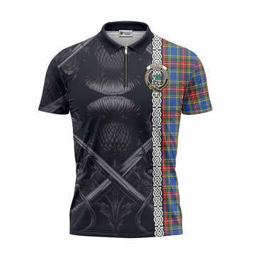 MacBeth (McBeth) Tartan Zipper Polo Shirt with Family Crest Cross Sword Thistle Celtic Vibes Unisex - Tartan Vibes Clothing