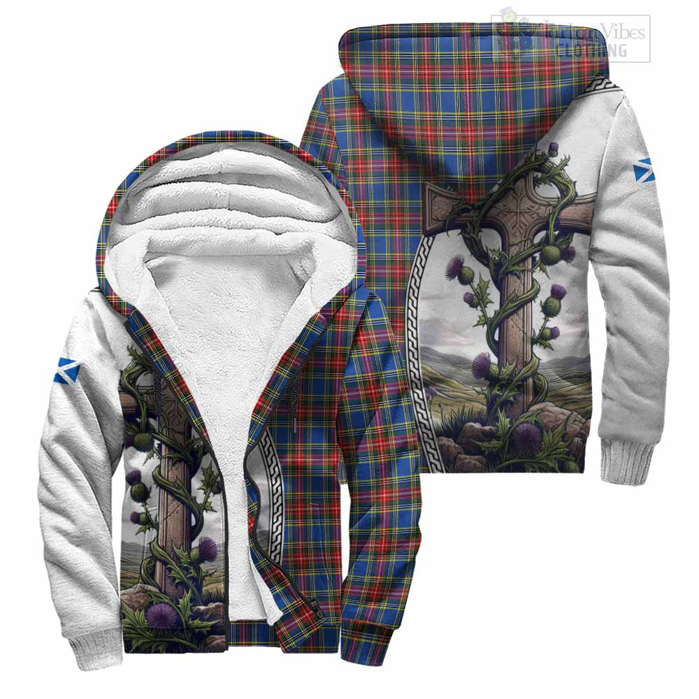 Tartan Vibes Clothing MacBeth (McBeth) Tartan Sherpa Hoodie with Family Crest and St. Andrew's Cross Accented by Thistle Vines