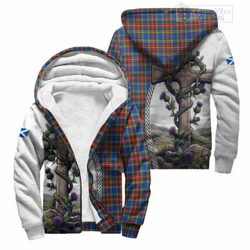 MacBeth (McBeth) Tartan Sherpa Hoodie with Family Crest and St. Andrew's Cross Accented by Thistle Vines