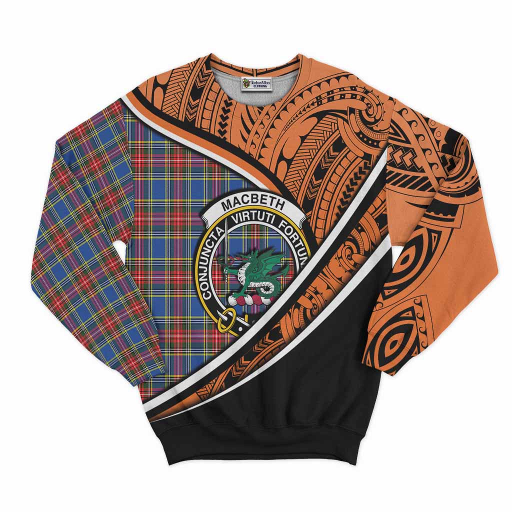 Tartan Vibes Clothing MacBeth (McBeth) Crest Tartan Sweatshirt with Maori Tattoo Style - Orange Version