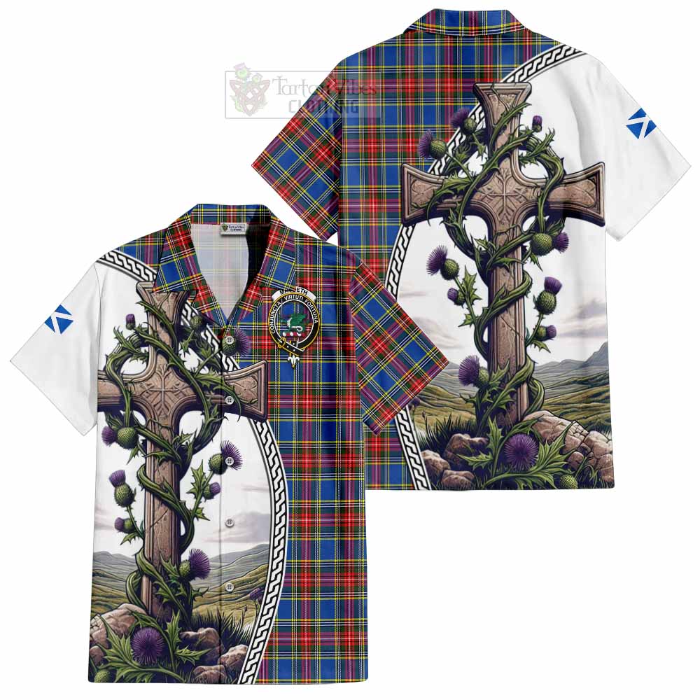 Tartan Vibes Clothing MacBeth (McBeth) Tartan Short Sleeve Button Shirt with Family Crest and St. Andrew's Cross Accented by Thistle Vines