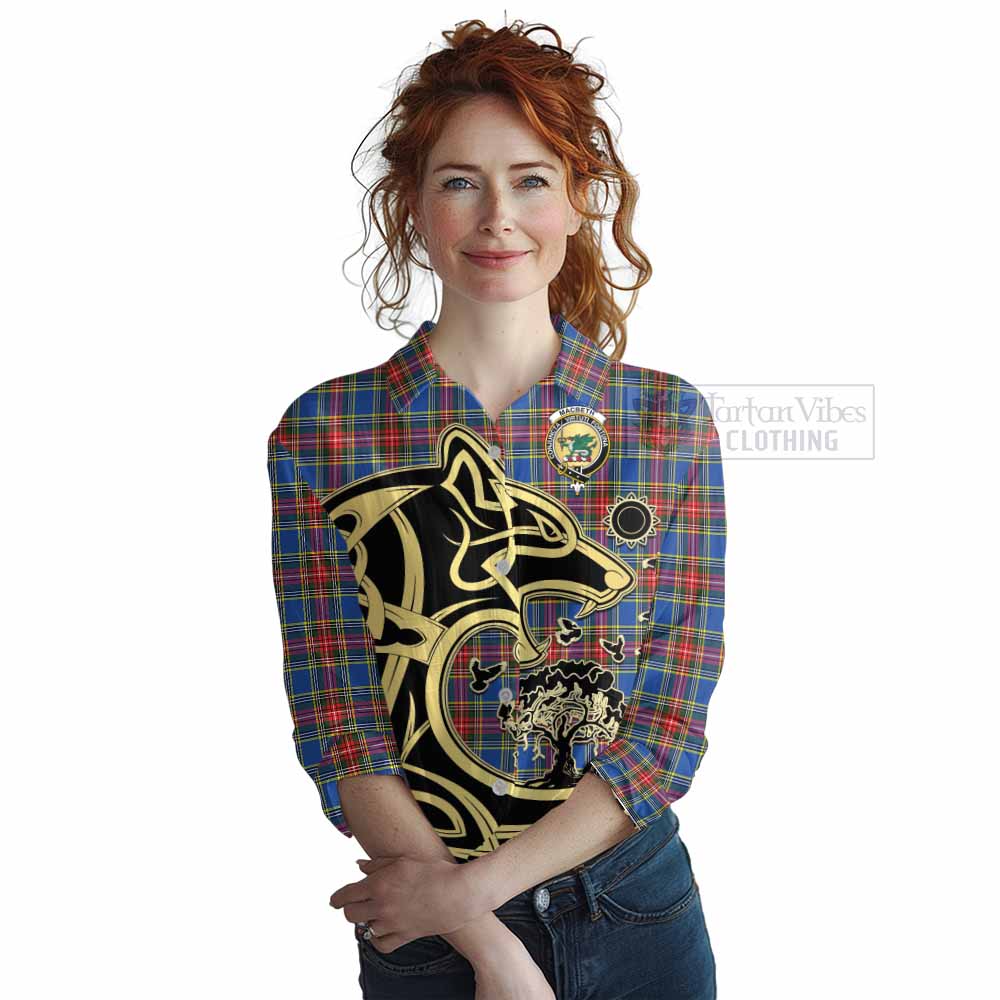 Tartan Vibes Clothing MacBeth (McBeth) Tartan Women's Casual Shirt with Family Crest Celtic Wolf Style