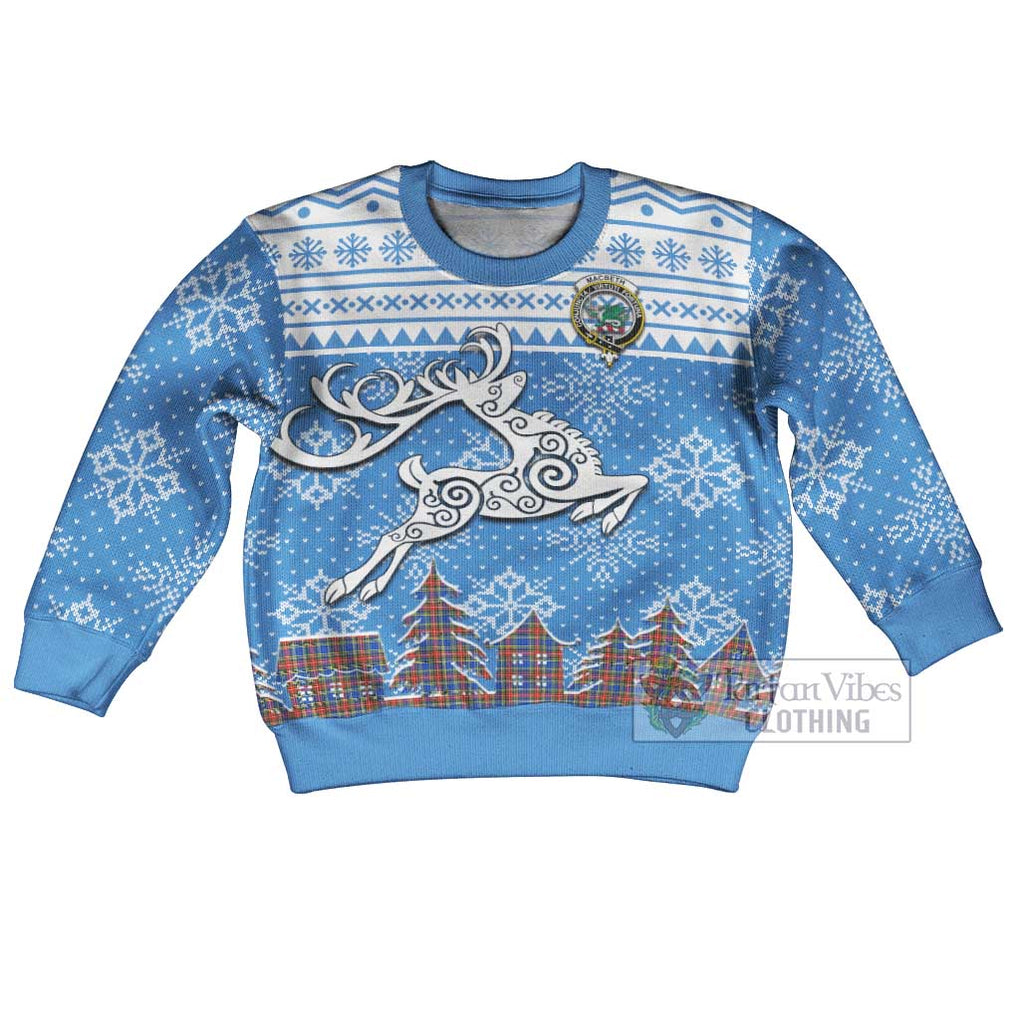 Tartan Vibes Clothing MacBeth (McBeth) Clan Christmas Kid Ugly Sweater with Tartan and Celtic Raindeer Style