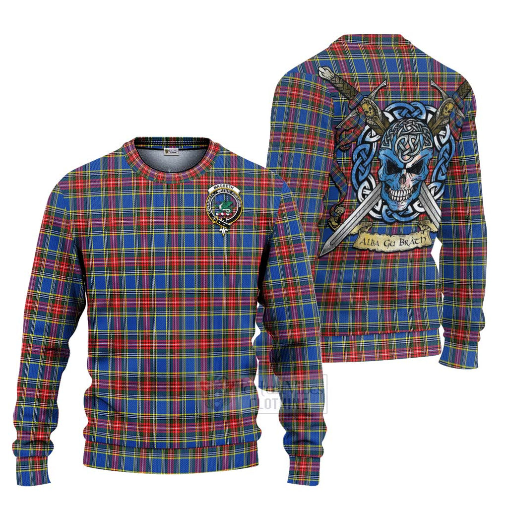 Tartan Vibes Clothing MacBeth (McBeth) Tartan Knitted Sweater with Family Crest Celtic Skull Style