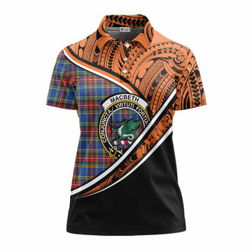 MacBeth (McBeth) Crest Tartan Women's Polo Shirt with Polynesian Vibes Style - Orange Version