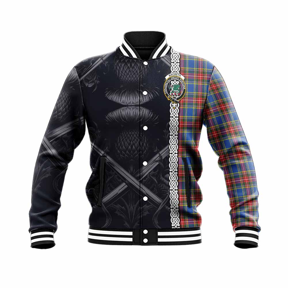 MacBeth (McBeth) Tartan Baseball Jacket with Family Crest Cross Sword Thistle Celtic Vibes Unisex - Tartan Vibes Clothing