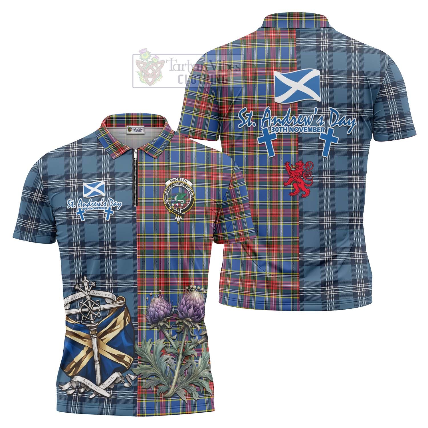 Tartan Vibes Clothing MacBeth (McBeth) Tartan Zipper Polo Shirt Happy St. Andrew's Day Half Tartan Style