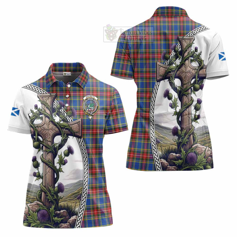 Tartan Vibes Clothing MacBeth (McBeth) Tartan Women's Polo Shirt with Family Crest and St. Andrew's Cross Accented by Thistle Vines