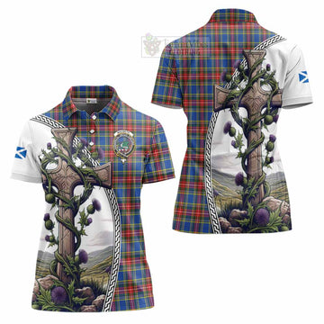 MacBeth (McBeth) Tartan Women's Polo Shirt with Family Crest and St. Andrew's Cross Accented by Thistle Vines