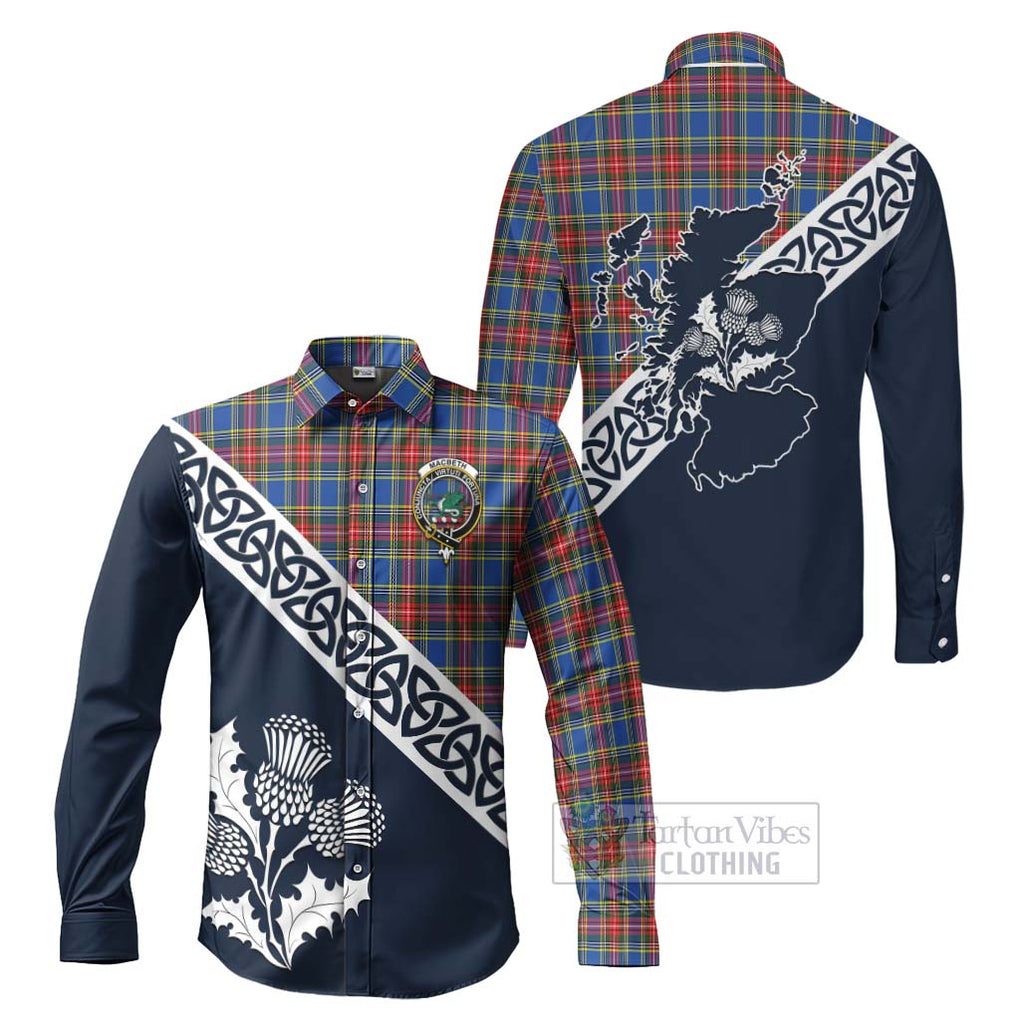 Tartan Vibes Clothing MacBeth (McBeth) Tartan Long Sleeve Button Shirt Featuring Thistle and Scotland Map