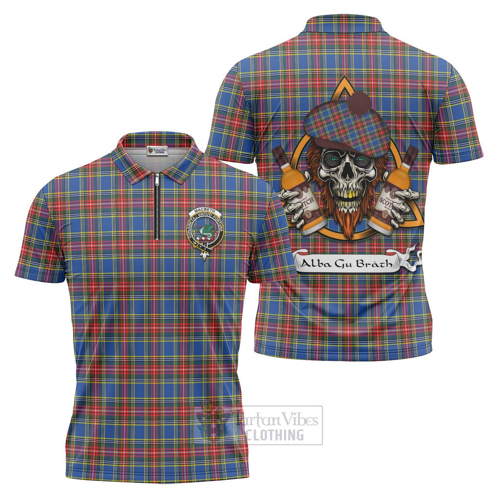 Tartan Vibes Clothing MacBeth (McBeth) Tartan Zipper Polo Shirt with Family Crest and Bearded Skull Holding Bottles of Whiskey