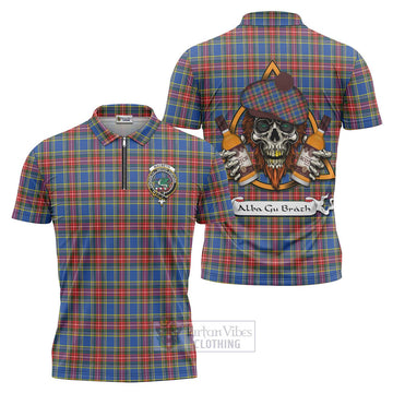 MacBeth (McBeth) Tartan Zipper Polo Shirt with Family Crest and Bearded Skull Holding Bottles of Whiskey