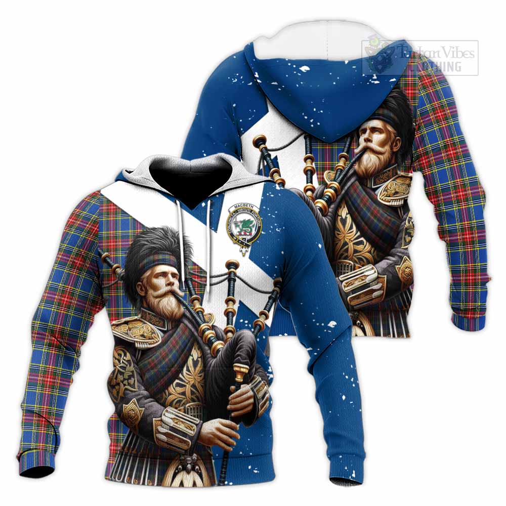 Tartan Vibes Clothing MacBeth (McBeth) Tartan Knitted Hoodie with Family Crest Scottish Bagpiper Vibes